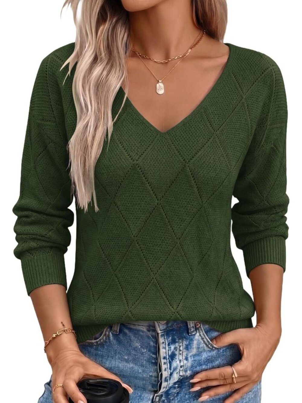 🆕 Women's Green Long Sleeve V Neck Lightweight Fall Crochet Knit Sweater